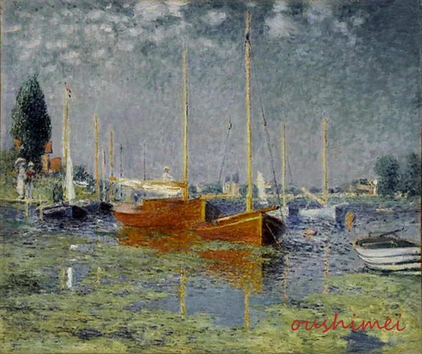 Landscape with Harbor Boats Hand Painted Impressionist Oil Painting On Canvas 