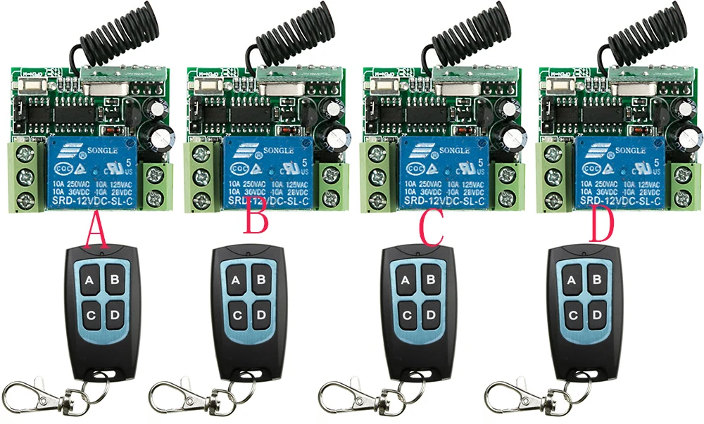 

DC12V 10A 1CH Radio Controller RF Wireless Relay Remote Control Switch 315 MHZ 433 MHZ 4 Transmitter + 4 Receiver lamp/ window