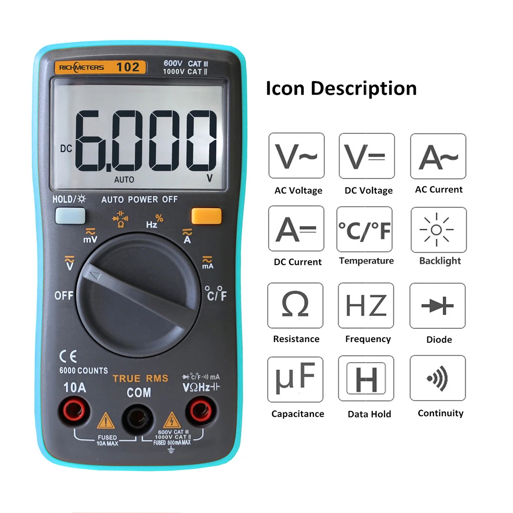 RICHMETERS RM102 Цифровой мультиметр 6000 отсчетов DC/вольтметр-Амперметр AC Ohm Сопротивление CapacitanceTemperature метр