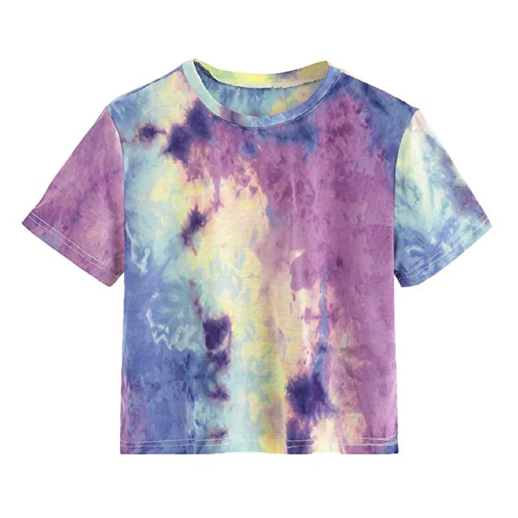 Женские летние топы, футболка с принтом Tie Dye, короткий рукав, топы с круглым вырезом, Повседневная футболка, женская одежда, Футболка harajuku - Цвет: Фиолетовый