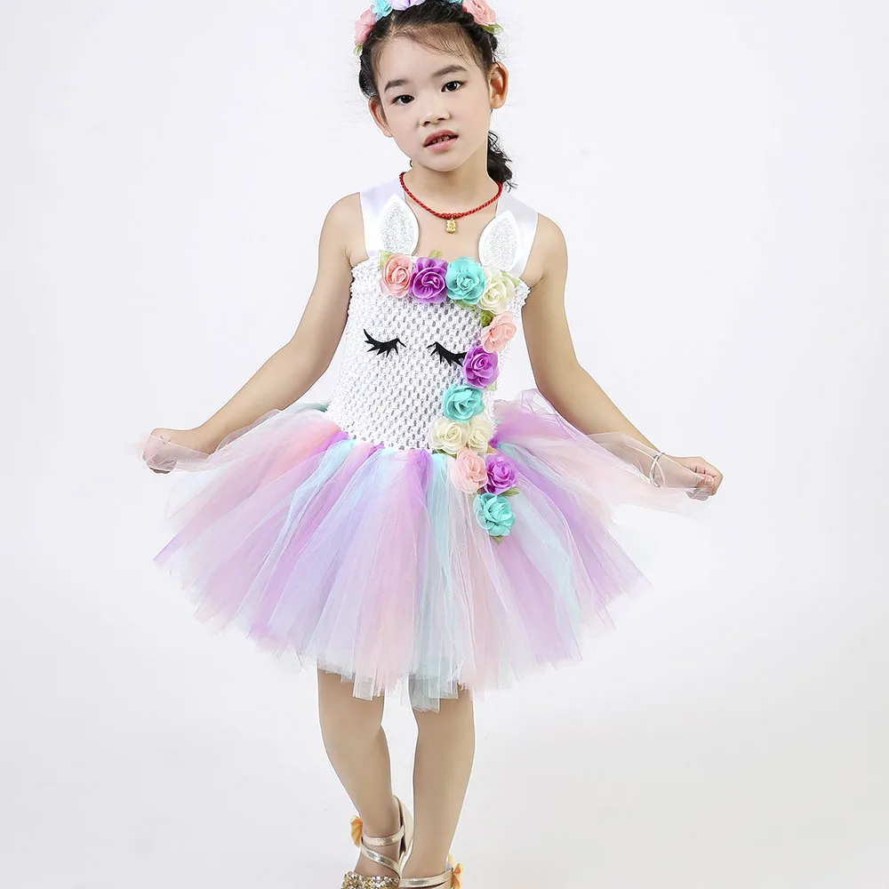 Pastel Clothes Knee Length Flower Children Girls Unicorn Tutu Dress Rainbow Princess Sleeveless Little Kids Pony Dress Vestido 8 (16)