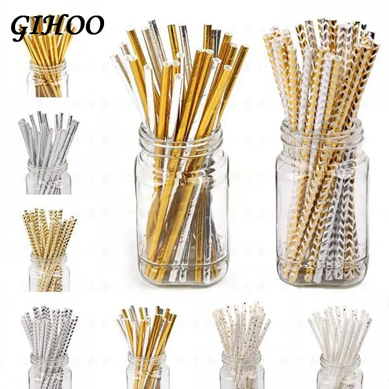

GIHOO 25Pcs Disposable Tableware Paper Straws Rose Gold Silver Baby Shower Wedding Birthday Party Decor Drinking Straws Supplies