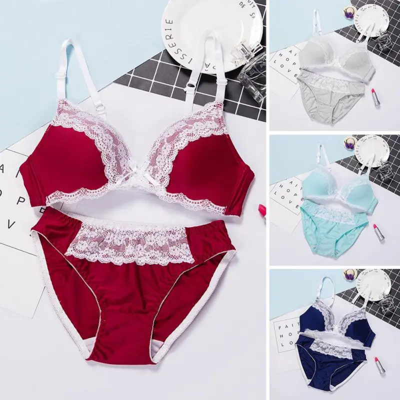 Sexy Women Back Closure Padded Bra Sets B Cup Lace Gauze Patchwork Wireless Bras+Paties Suits Multi-Color