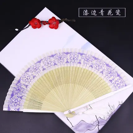 blue and white china Красный винтажный ручной вентилятор, китайский стиль, Складной вентилятор, ручная роспись, Классический танцевальный вентилятор для женщин - Цвет: blue and white china