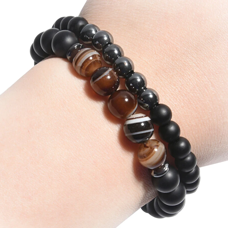 

2PCS/set Black Mantra Prayer Healing Natural Stone Beads Bracelet for Men women