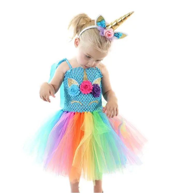 

2019 Children Girls Unicorn Dress Rainbow Princess Kids Birthday Party Dress Girls Christmas Halloween Pony Cosplay Costume