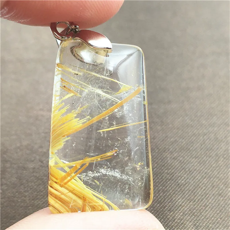 

Natural Gold Rutilated Quartz Pendant Rectangle Gemstone Party Anniversary Gift 27x18x8mm Crystal Accessories Stone Pendant