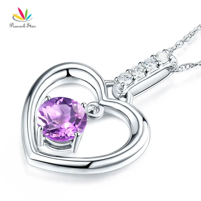 

Peacock Star Fine 14K White Gold Amethyst Heart Pendant Necklace 0.04 Ct Diamond