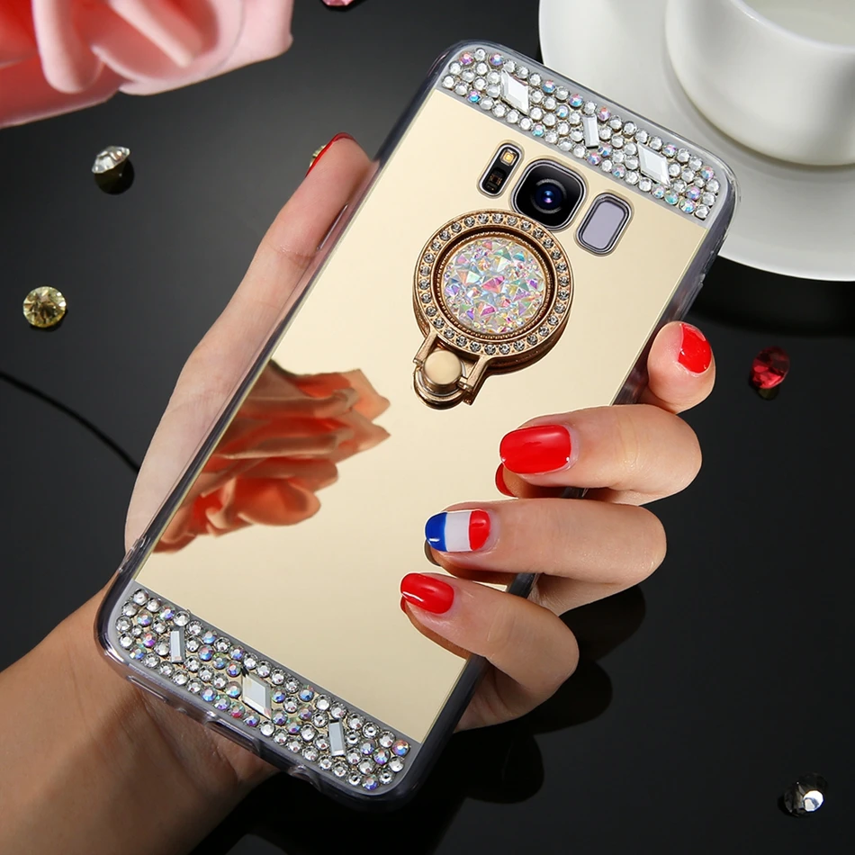 

Diamond Bling Soft Mirror Finger Ring Case For Samsung Galaxy J3 J5 J7 2015 2016 2017 J520 J720 J320 Back Cover Case Shell Coque