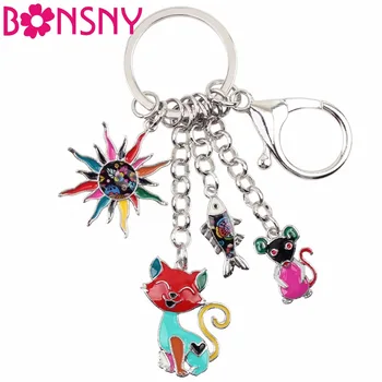 

Bonsny Enamel Alloy Child's Fairy Tale Sun Cat Fish Mouse Key Chain keychain Ring Unique Jewelry For Women Girls Gift Bag Charms