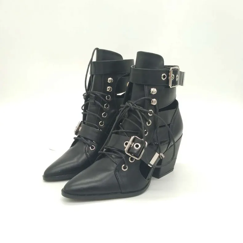 

Boots Women 2018 Summer High Heels Coss-tied Solid Pointed Toe Buckle Punk Martin Boots Ladies Shoes Fashion Sexy Zapatos Mujer