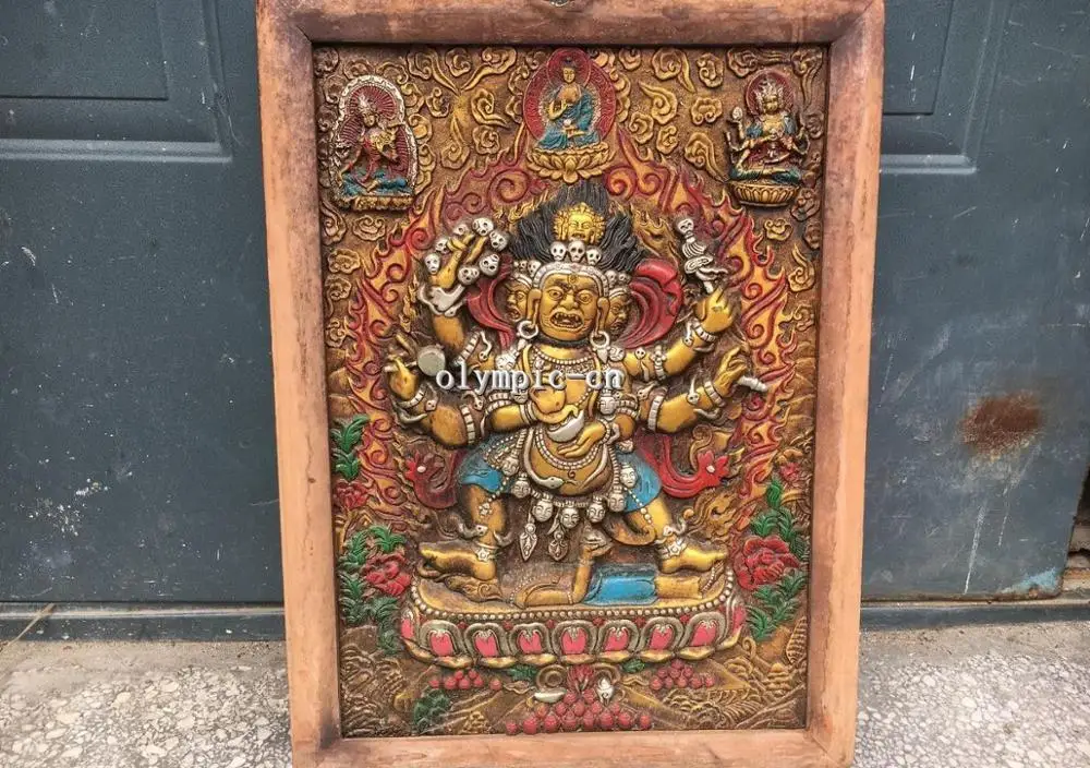 

23 ''деревянная ручная работа цветной рисунок резные шесть рук Mahakala Тибет Thang-ga