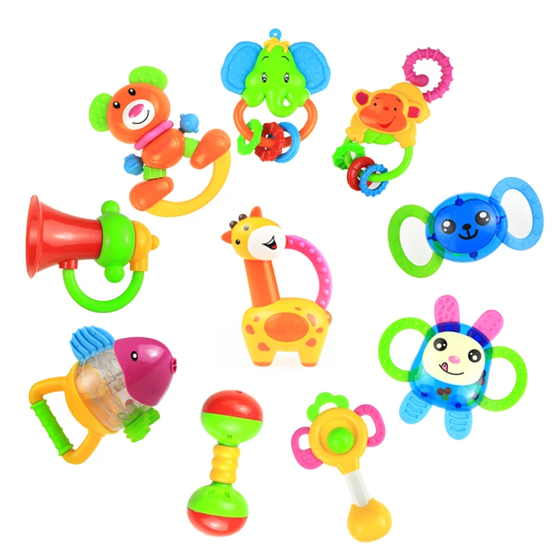 

10 Types Baby Rattle Hand Bell Ring Insert Cute Teethers Soft Rattle Toy Infant Toys Colorful Rattle Toddler Baby (Random Color)