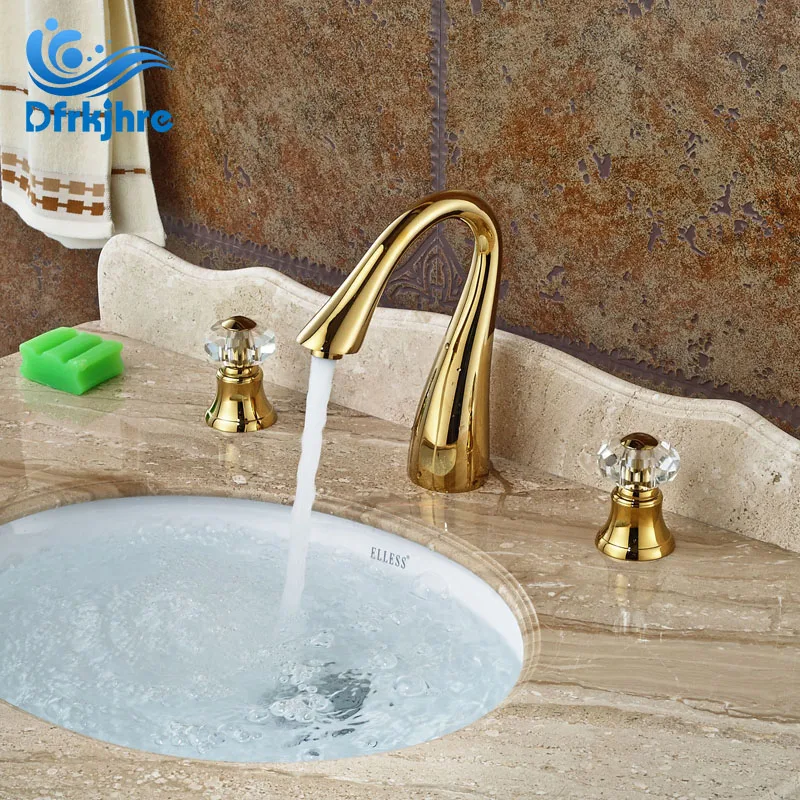 

Gold Finish 3pcs Swan Neck Spout Bathroom Basin Faucet With Two Crystal Handles Mixer Tap