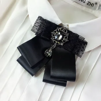 

Vintage New Woman Brooches Big Ribbon Black Bowknot Shirt's Bow Tie Long Tassel Pearl Lace Collar Accessories Fashion Jewelry