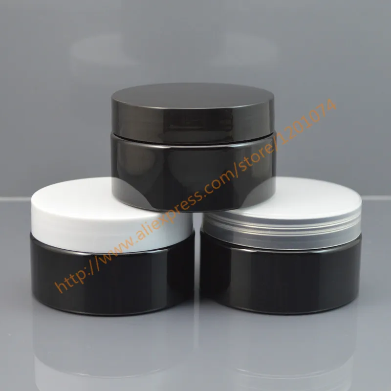 100ml Shiny Black Pet Cream Jar With Black White Clear Lid Empty