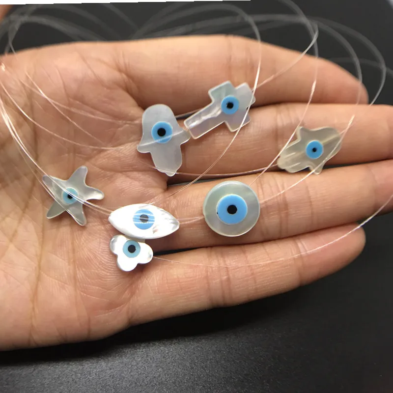 

Promotion 1PC Marquise/Cross/Hand/Clover/Round/Seastar MOP Shape With Blue Eye Fishing Chain necklace