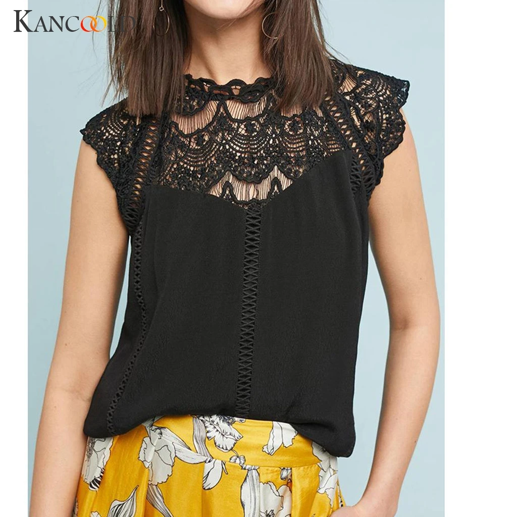 

KANCOOLD top T-Shirt Women Lace Solid Sleeveless Hollow Tops T-Shirt fashion lace casual O-Neck new top femme 2018dec27