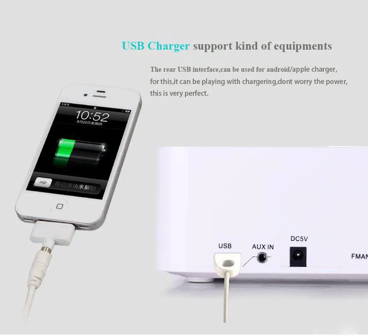 Док-станция А9 с ЖК-подсветкой для micro-USB смартфонов, iPhone 6, любых мобильников(USB-А разъем). Bluetooth-"свободные руки", FM-приемник, USB-флеш плеер, будильник