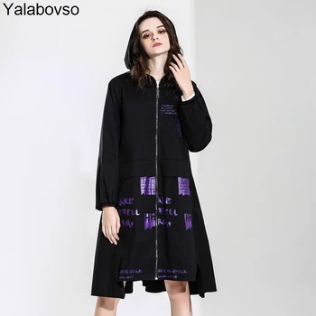 

Gothic Styles 2018 Autumn Hooded Wind coat Zipper Loose Long Coat Female Printing Patchwork Fashion wind Coat for woman A0a z20