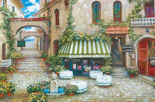 

One colorful Mediterranean sea flower garden coffee house scenery landscape wall art picture canvas painting home decor