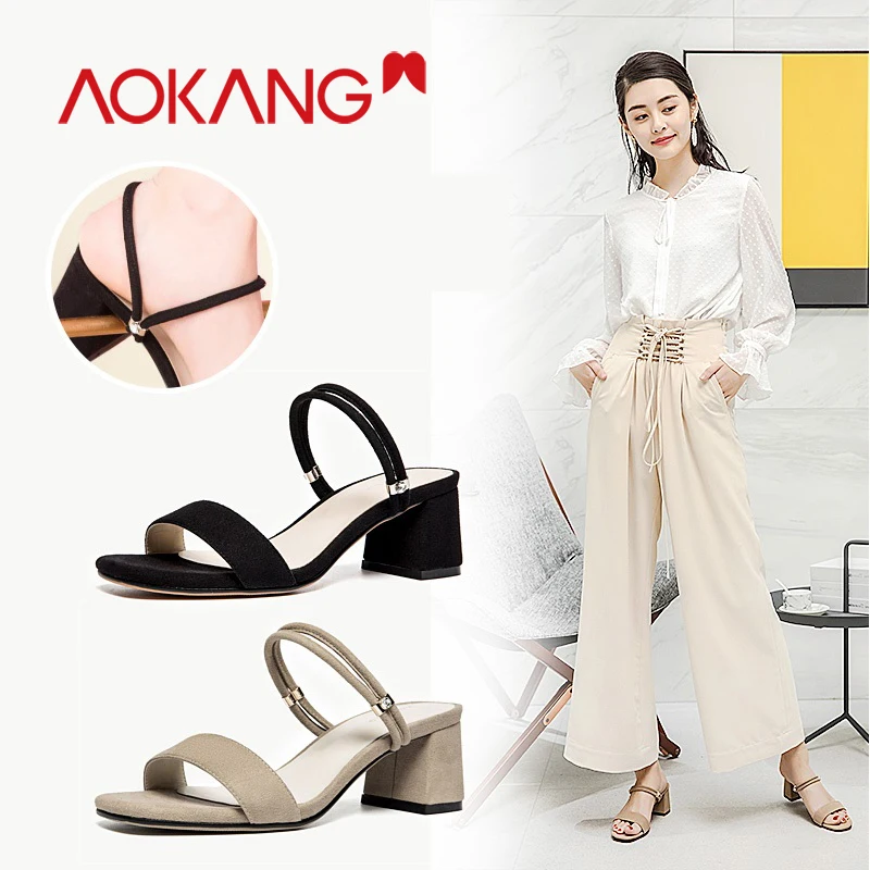 

Aokang Summer Women's Sandals Flock Shoes Woman Kidsuede Sandalias Mujer high Heel Open Toes Women Lace Hollow Sandals Shoes