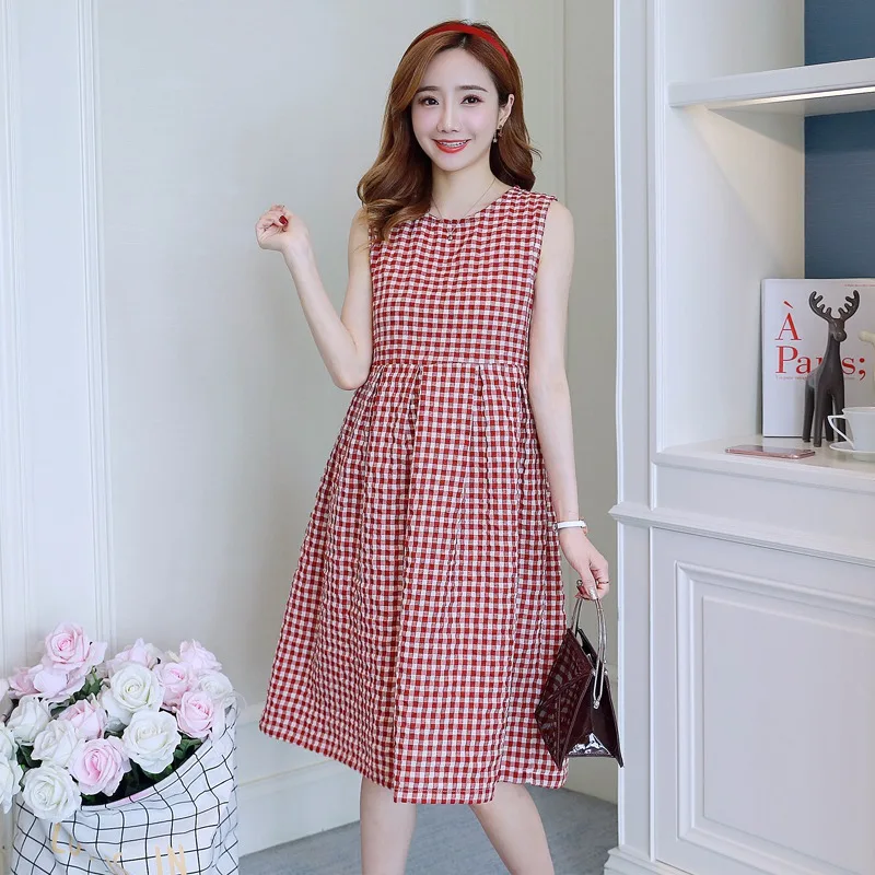 

Pregnant women dress summer 2019 new sleeveless plaid loose casual out skirt pregnancy skirt