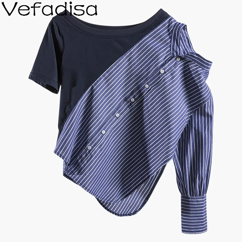 

Vefadisa Women Stand Neck Full Sleeve Blouse Irregular Holes Blouse Blue Stripe Patchwork Blouse Spring And Summer ZQY359A