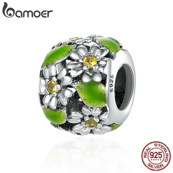 

BAMOER New Arrival Genuine 100% 925 Sterling Silver Daisy Flower Leaves Charm Beads fit Charm Bracelet DIY Jewelry Making SCC490