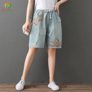 

Cotton Casual Women's Jeans Shorts Embroidery Holes Elastic Waist Loose Ripped Denim Shorts New Summer Streetwear Capris