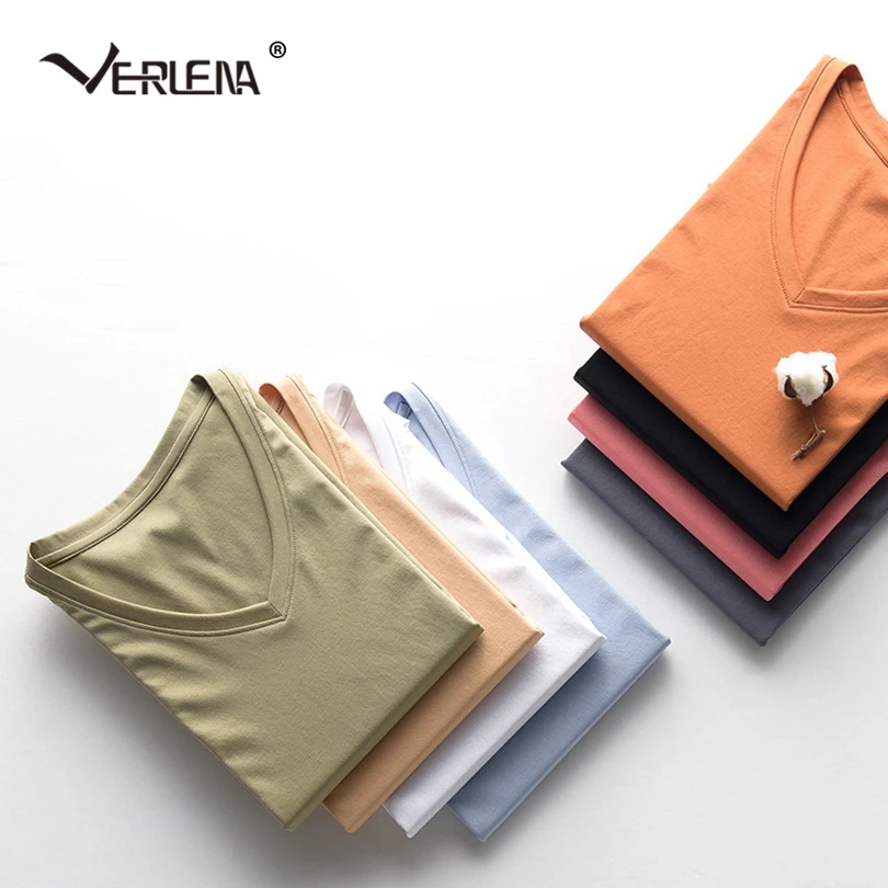 

Verlena Super 70 Combing Mercerized Cotton White T-Shirt Women Short Sleeve V-Neck Classic Simple Basic Summer T Shirt Tees 2019
