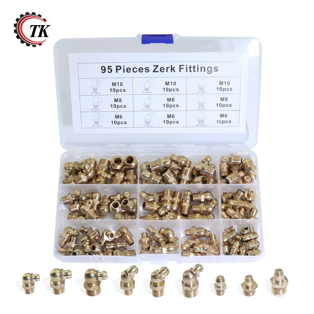 

95pcs M6 M8 M10 Brass Zerk Straight and 90 and 45 Degree Grease Nipple Fitting Assortment Kits