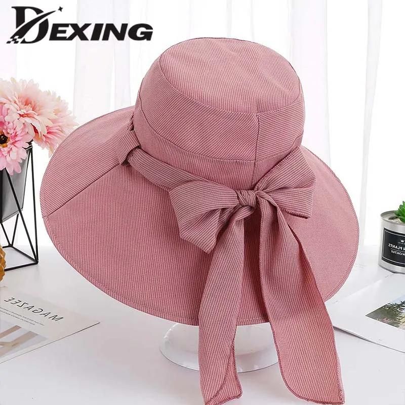 

big bow wide brim sun hat for women summer Shade UV protection beach hat fisherman cap ladies outdoor folding sunshade hat