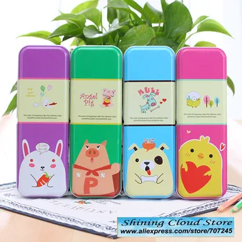 

8pc/lot Creative cartoon Double deck pencil case / student Iron metal pencil box / study stationery pens box/school supplier