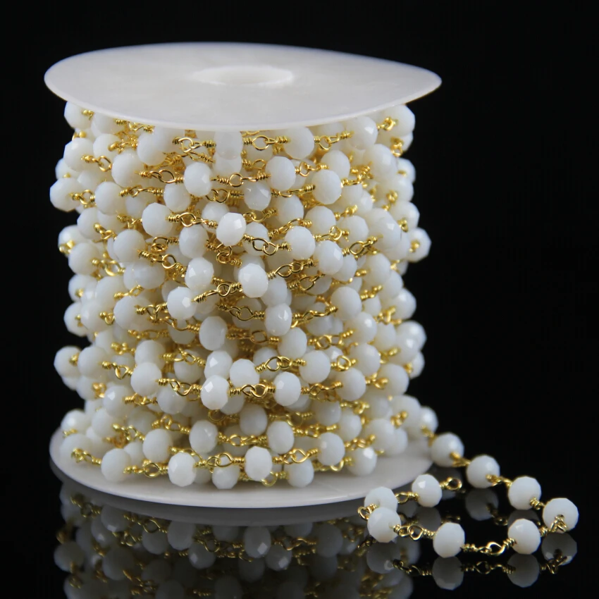 

4x6mm Faceted Rondelle Shape White Glass Rosary Chain Necklace Bracelet Choker Anklet,Plated Gold Wire Wrapped Beads Chain YA086