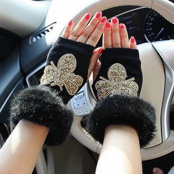 

winter gloves women Rabbit Fur Gold Bee half finger gloves Suede Mittens Women Winter Warm Girls Gloves luvas