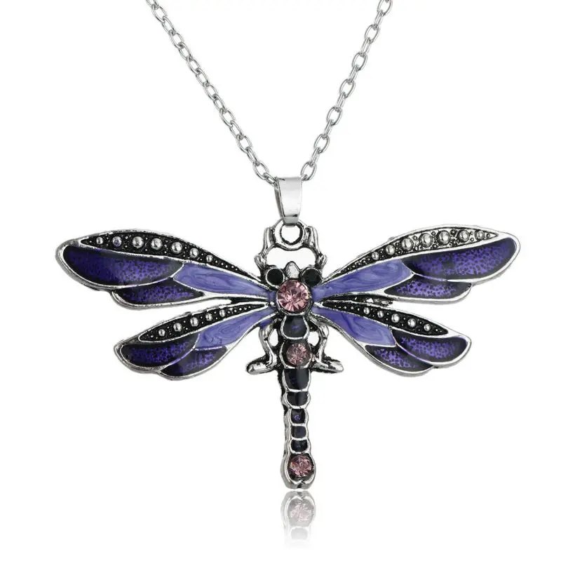Vintage Purple Dragonfly Pendant Statement Chain Necklace Crystal Rhinestone Animal Charm for Women Girl Jewelry | Украшения и