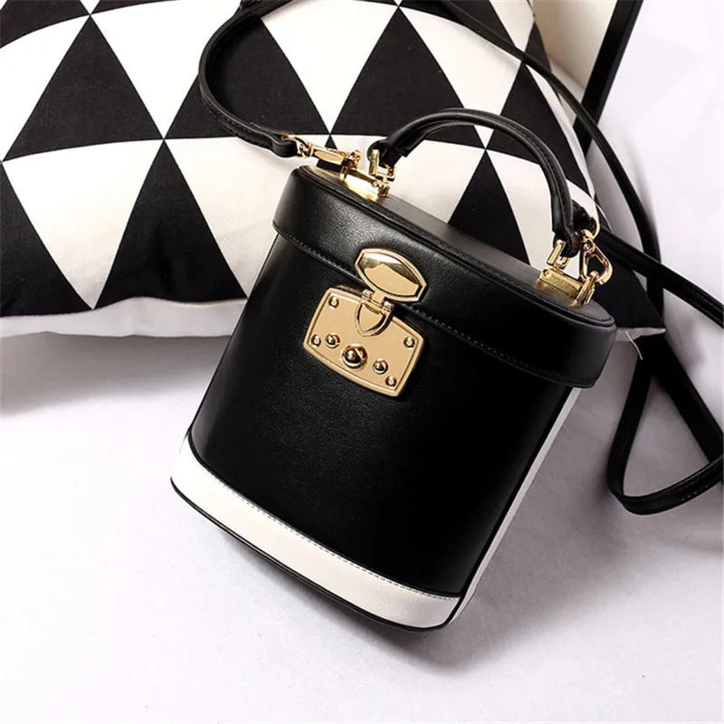 

Fashion Genuine Leather Bucket Bag Women Handbags Contrast Color Messenger Bags Concise Leisure