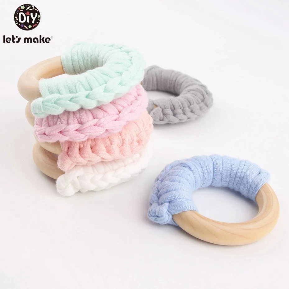 

Let's Make 10PCs Food Grade Wooden Teethers Rings Organic Cotton Handmade DIY Baby Accessories Waldorf Wooden Baby Teethers
