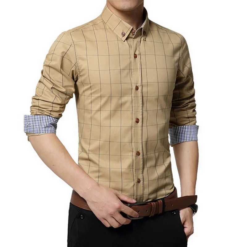 Aisputent 5XL Клетчатая Мужская рубашка с длинным рукавом с отложным воротником, мужская деловая одежда, рубашки в стиле пэчворк camisa masculina - Цвет: Khaki