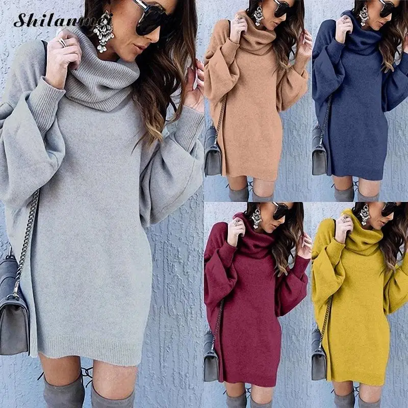 

2019 Autumn Winter Women's Sweater Dress Turtleneck Long Sleeve Oversize Loose Jumper Top Fashion Solid Knitting Pullover Femme