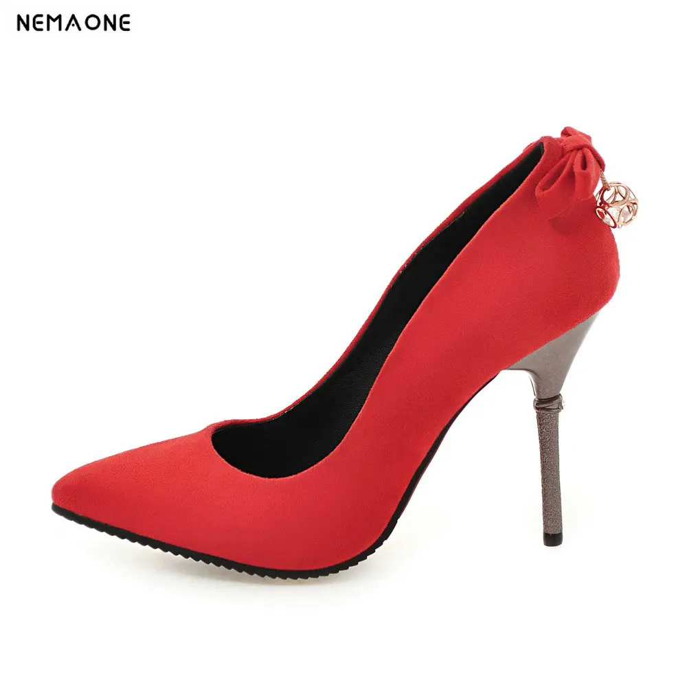 

NEMAONE women flock 10cm high heels wedding shoes woman spring summer shoes back bowties women pumps size 42 43