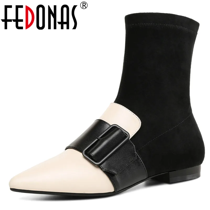 

FEDONAS New Mixed Colors Genuine Leather Kid Suede Women Ankle Boots Slip on Chelsea Boots Buckle Decoration Party Shoes Woman