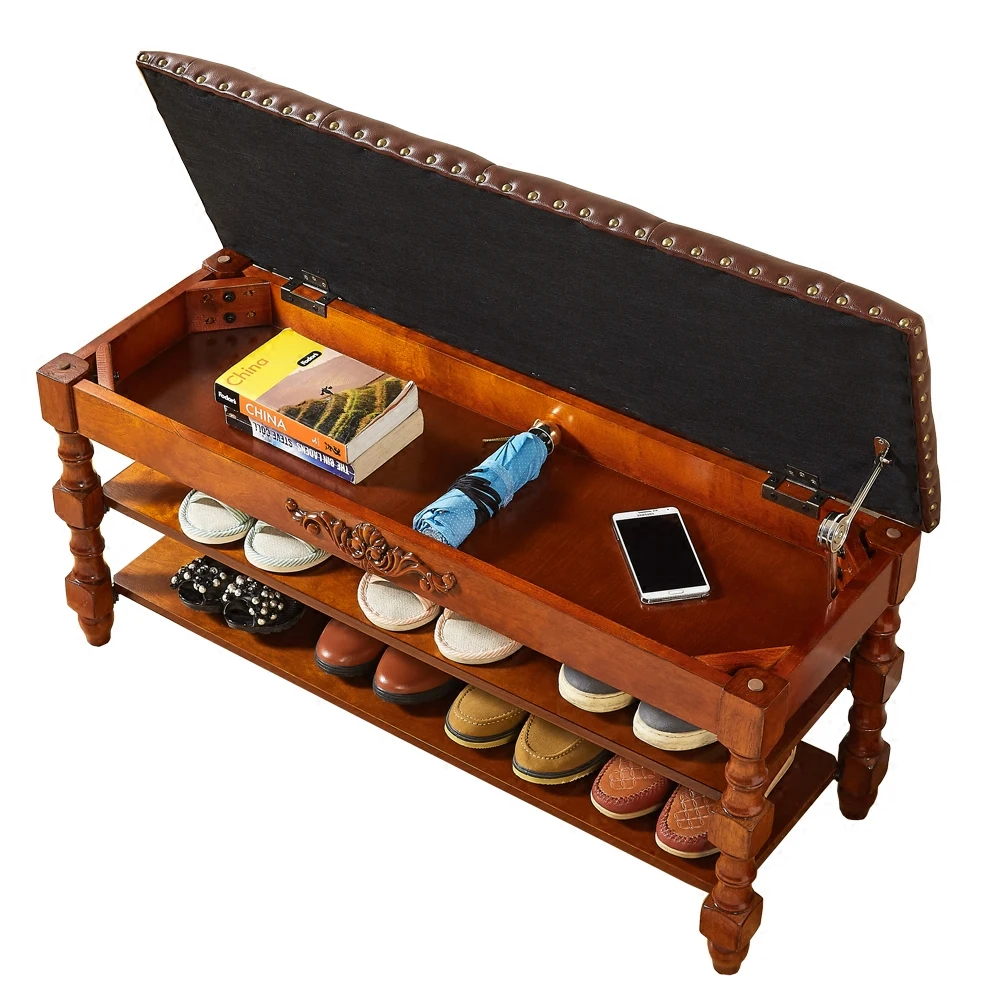 

American door change shoe bench Solid wood carved shoe rack test shoe bench multifunctional sofa storage stool
