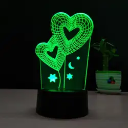3D Акрил Настольная лампа LED 7 цветов Двойное сердце любовь ночник Подарки Детские Спальня сна Освещение прикроватной тумбочке День святого