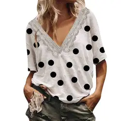 2019 футболка женская модная футболка с коротким рукавом в горошек с принтом Летняя Повседневная Кружевная футболка с v-образным вырезом