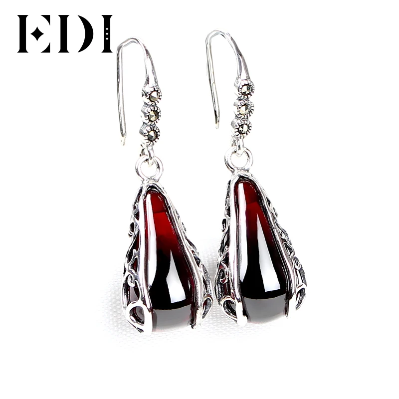 

EDI Women 925 Sterling Silver Retro Luxurious Red Garnet Drop Earrings Fine Jewelry Vintage For Women Wedding Earring Gift