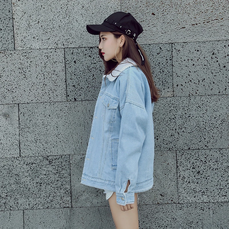 2018 Winter Fur Denim Jacket Women Bomber Jacket Light