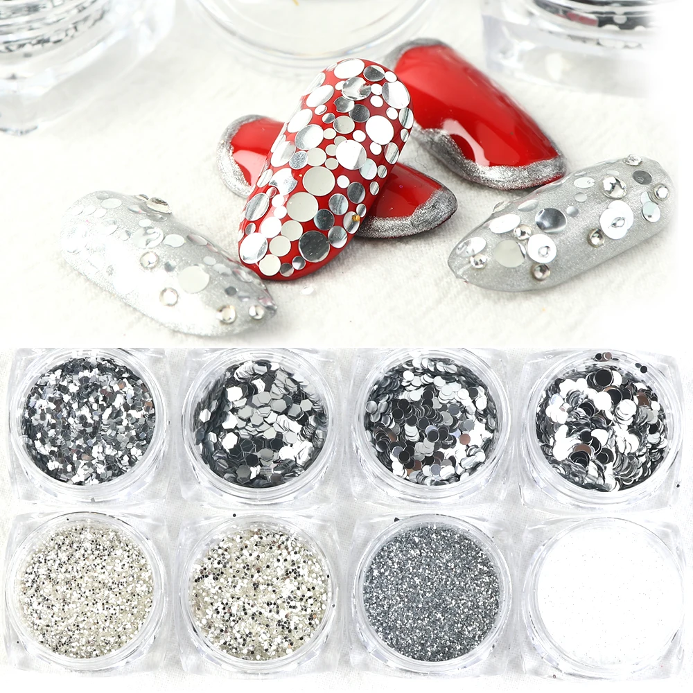 

8pc Silver Shiny Nail Art Glitter Sequins Set 3D Decoration Mix Rubbing Chrome Dust Nail Powder Shimmer Paillette Tip TR1506-12A