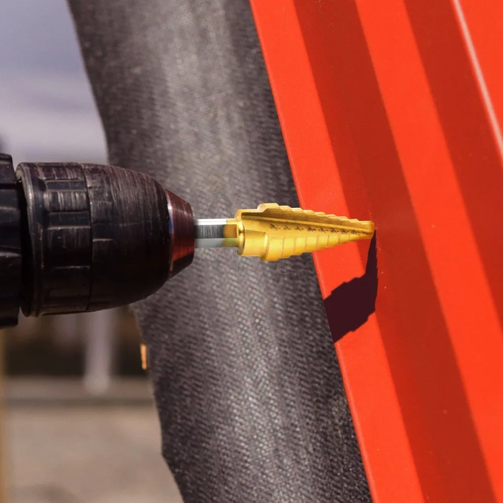 4pcs HSS Titanium Coated Step Drill Bit for Metal/ Wood Drilling hole +Automatic Center Punch 3/16